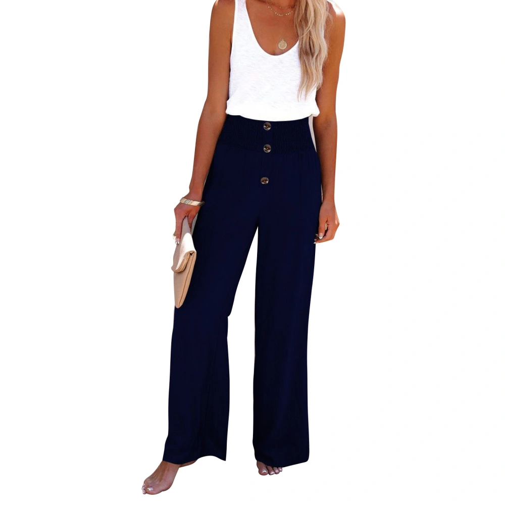 Women Wide Leg Trousers Button Trim Pants High Waist Back Elastic Waistband Casual Bottoms for Daily Life Holiday Date Navy Blue XL