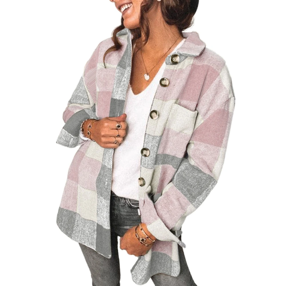 Casual Coat Plaid Print Lapel Long Sleeve Button Down Pocket Fashionbale Coat for Women Pink 3XL