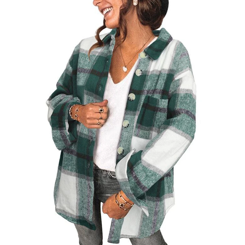 Casual Coat Plaid Print Lapel Long Sleeve Button Down Pocket Fashionbale Coat for Women Green XXL