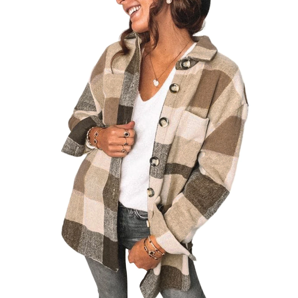 Casual Coat Plaid Print Lapel Long Sleeve Button Down Pocket Fashionbale Coat for Women Khaki 3XL