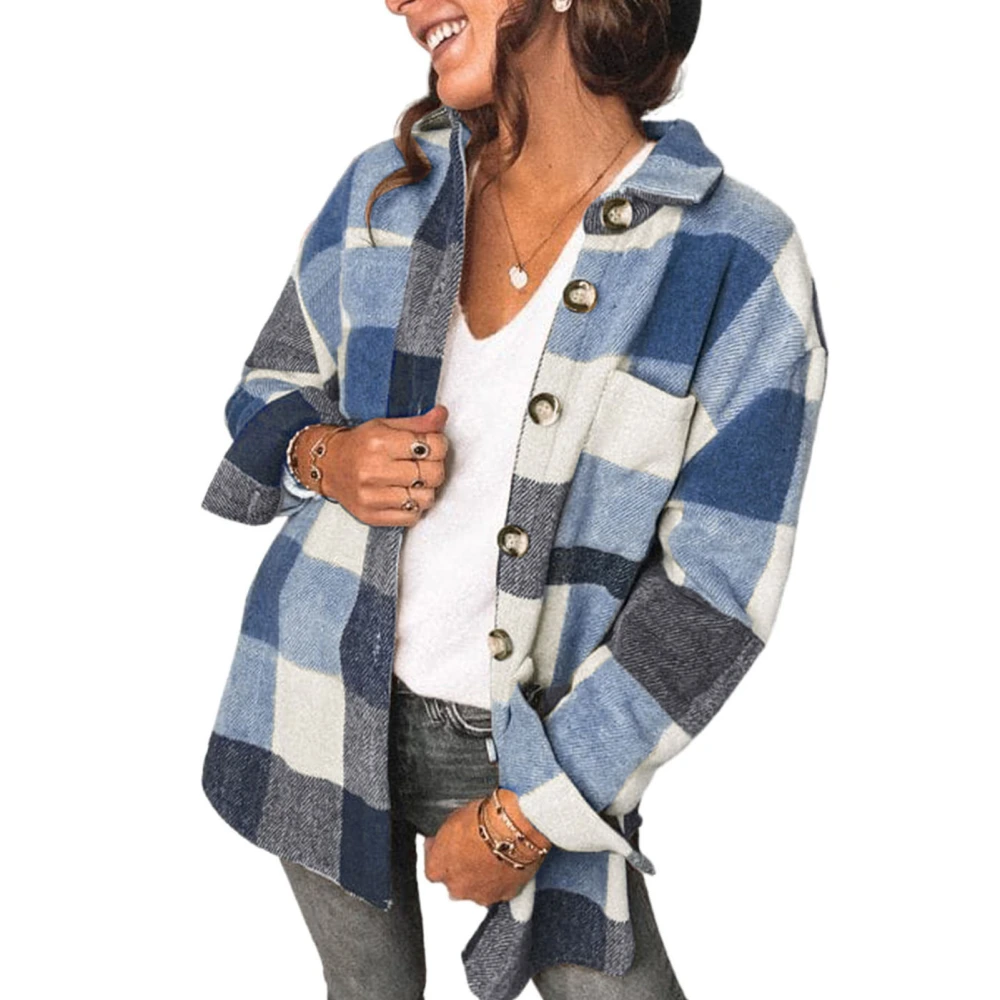 Casual Coat Plaid Print Lapel Long Sleeve Button Down Pocket Fashionbale Coat for Women Blue M