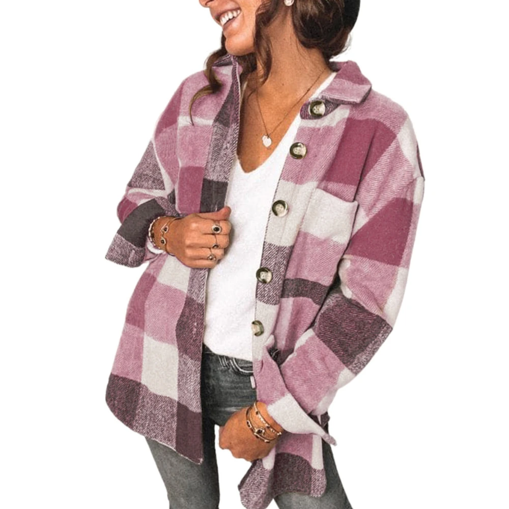 Casual Coat Plaid Print Lapel Long Sleeve Button Down Pocket Fashionbale Coat for Women Red 3XL