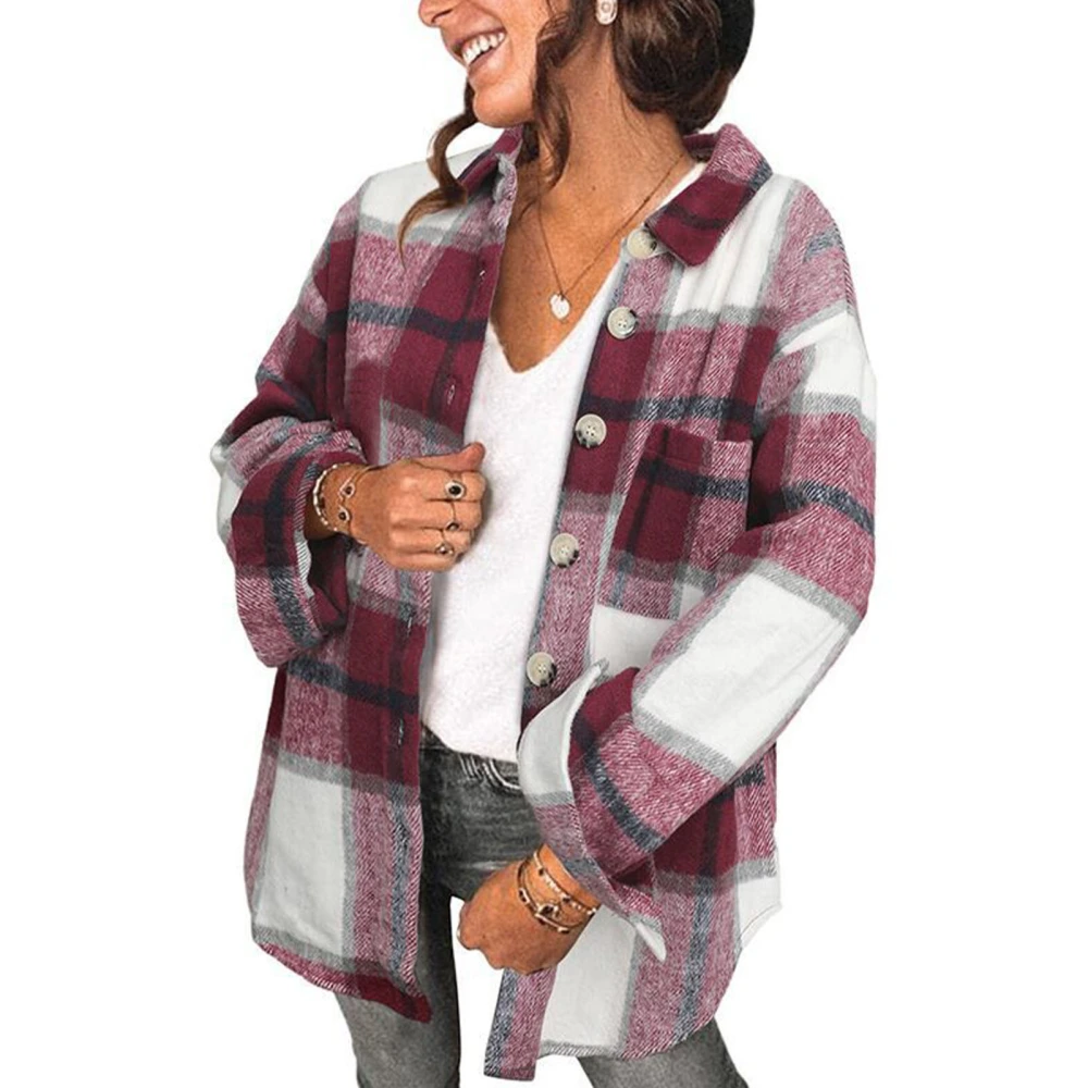 Casual Coat Plaid Print Lapel Long Sleeve Button Down Pocket Fashionbale Coat for Women Wine Red L