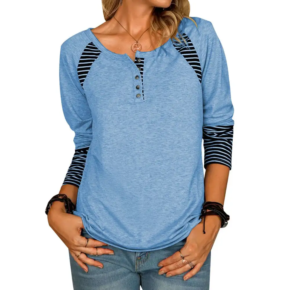 Women Long Sleeve Shirts Casual Buttons Tunic Top Comfortable Stylish for Daily Wear Light Blue L