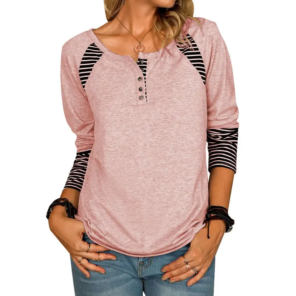 Women Long Sleeve Shirts Casual Buttons Tunic Top Comfortable Stylish for Daily Wear Pink M