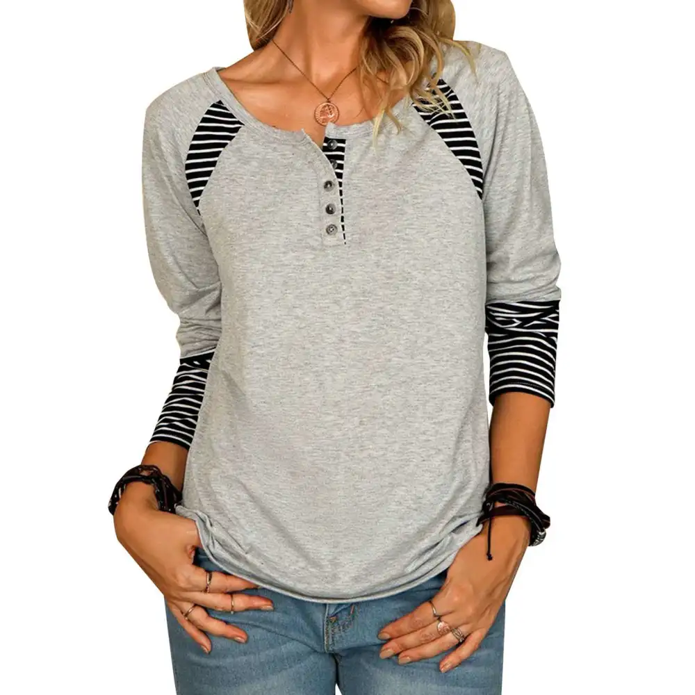 Women Long Sleeve Shirts Casual Buttons Tunic Top Comfortable Stylish for Daily Wear Grey M