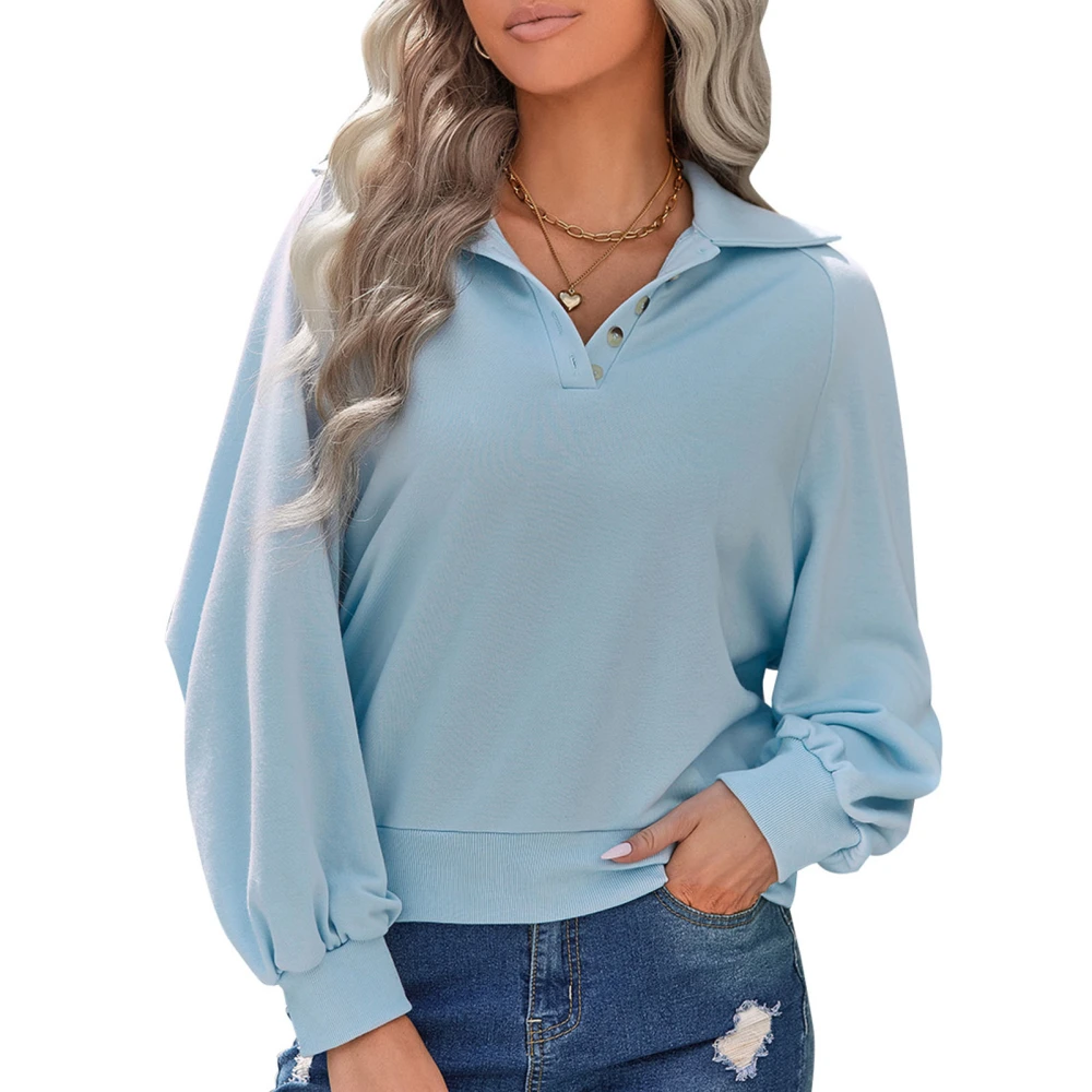 Womens Button Collar Pullover Elastic Loose Comfortable Long Sleeve Sweatshirt Lapel Pullover Casual Top for Women Light Blue M