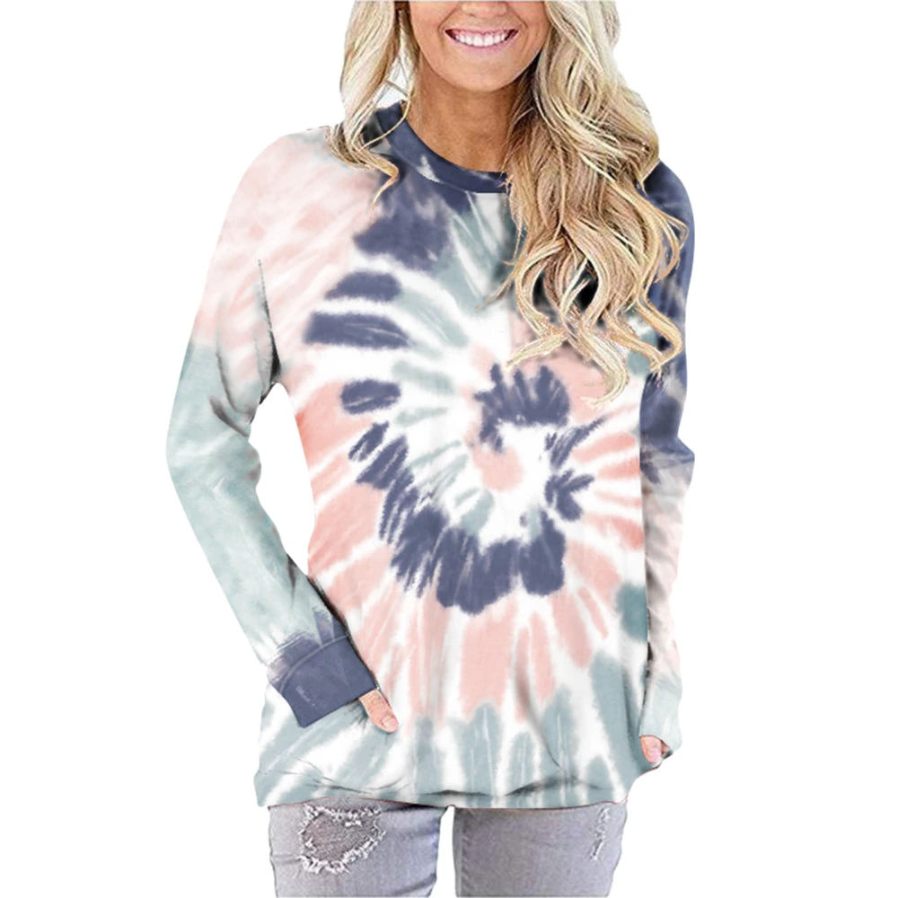 Pocket Sweatshirt Tie Dye Print Crewneck Long Sleeves Female Blouses Sweatshirts Tops Blue S