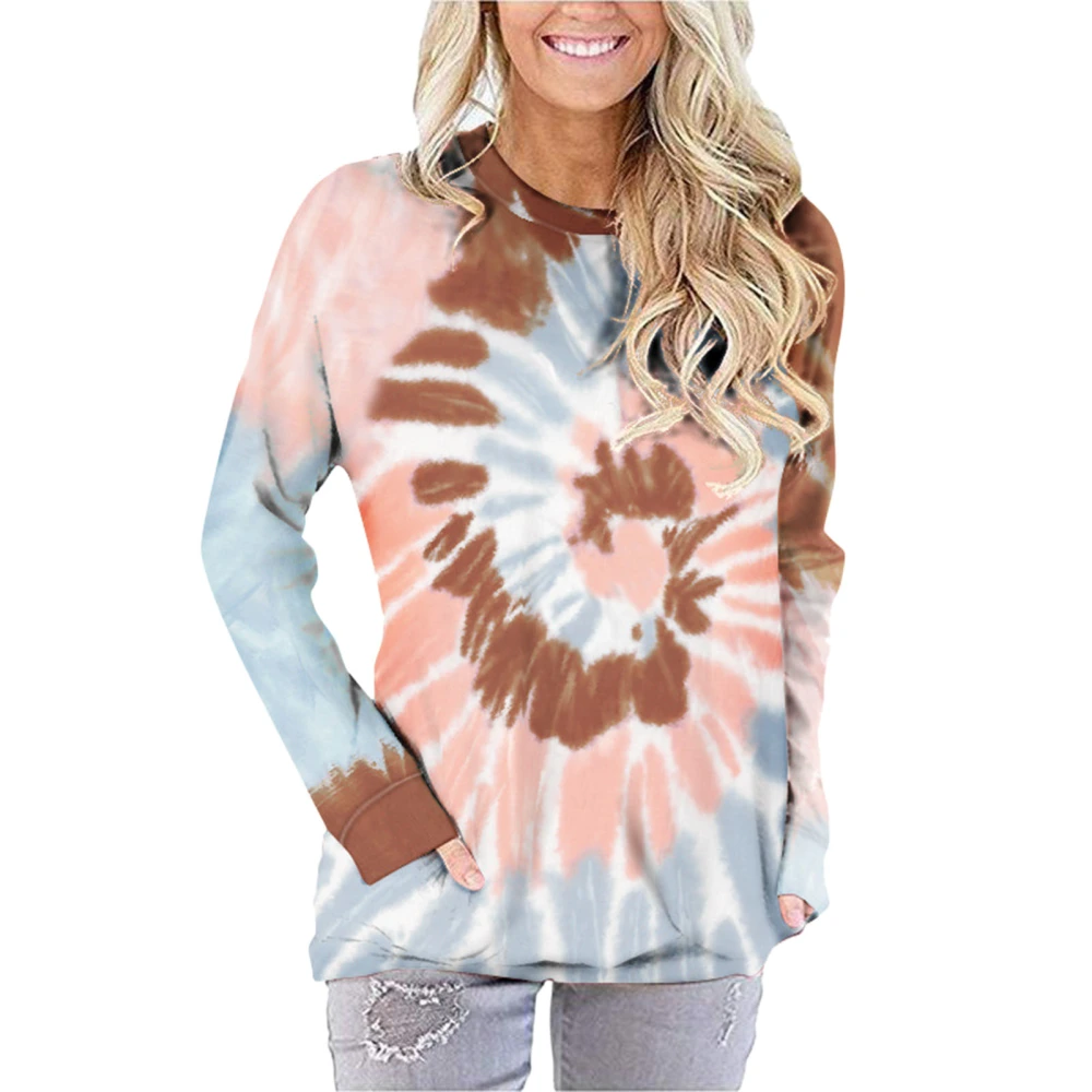 Pocket Sweatshirt Tie Dye Print Crewneck Long Sleeves Female Blouses Sweatshirts Tops Brown L