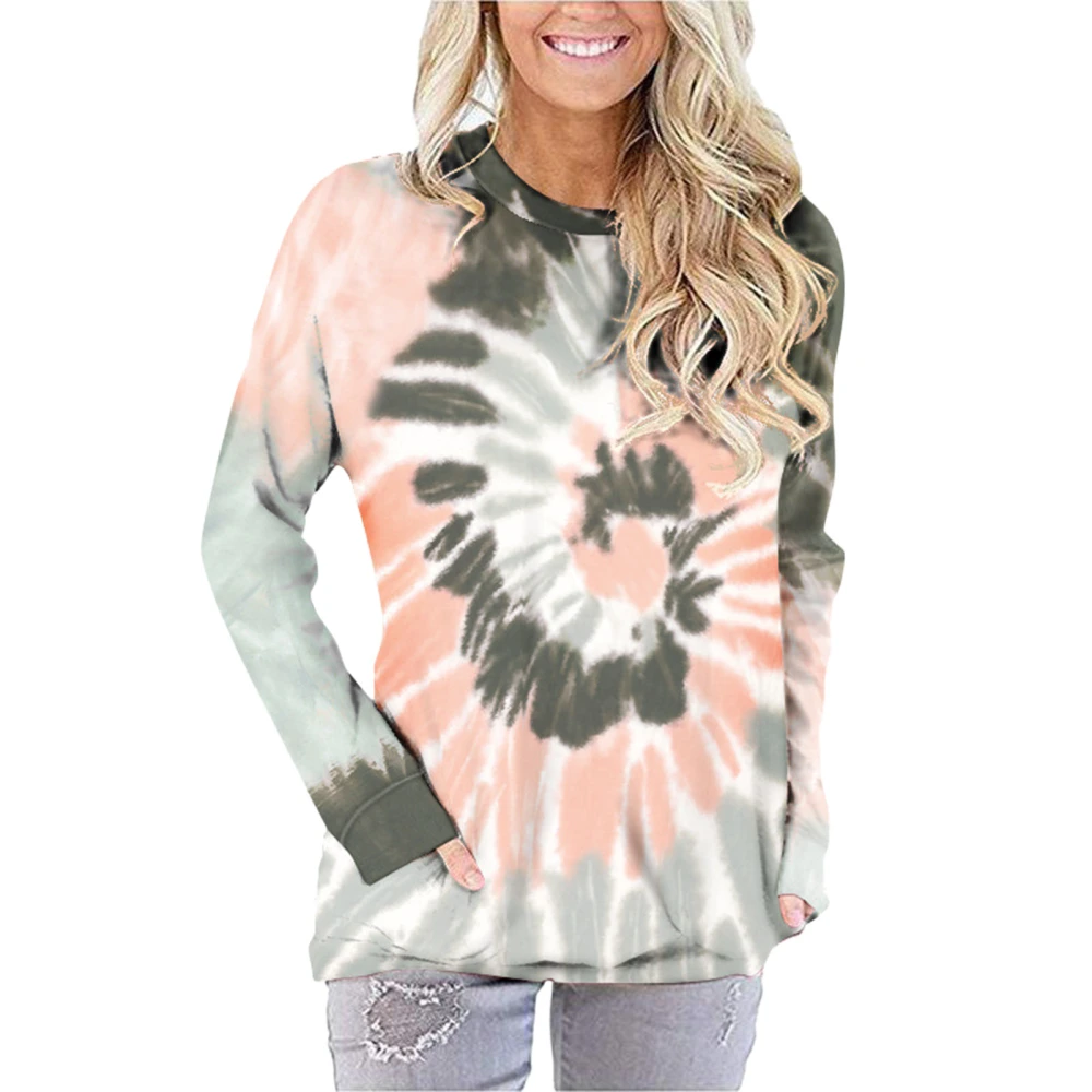 Pocket Sweatshirt Tie Dye Print Crewneck Long Sleeves Female Blouses Sweatshirts Tops Green M