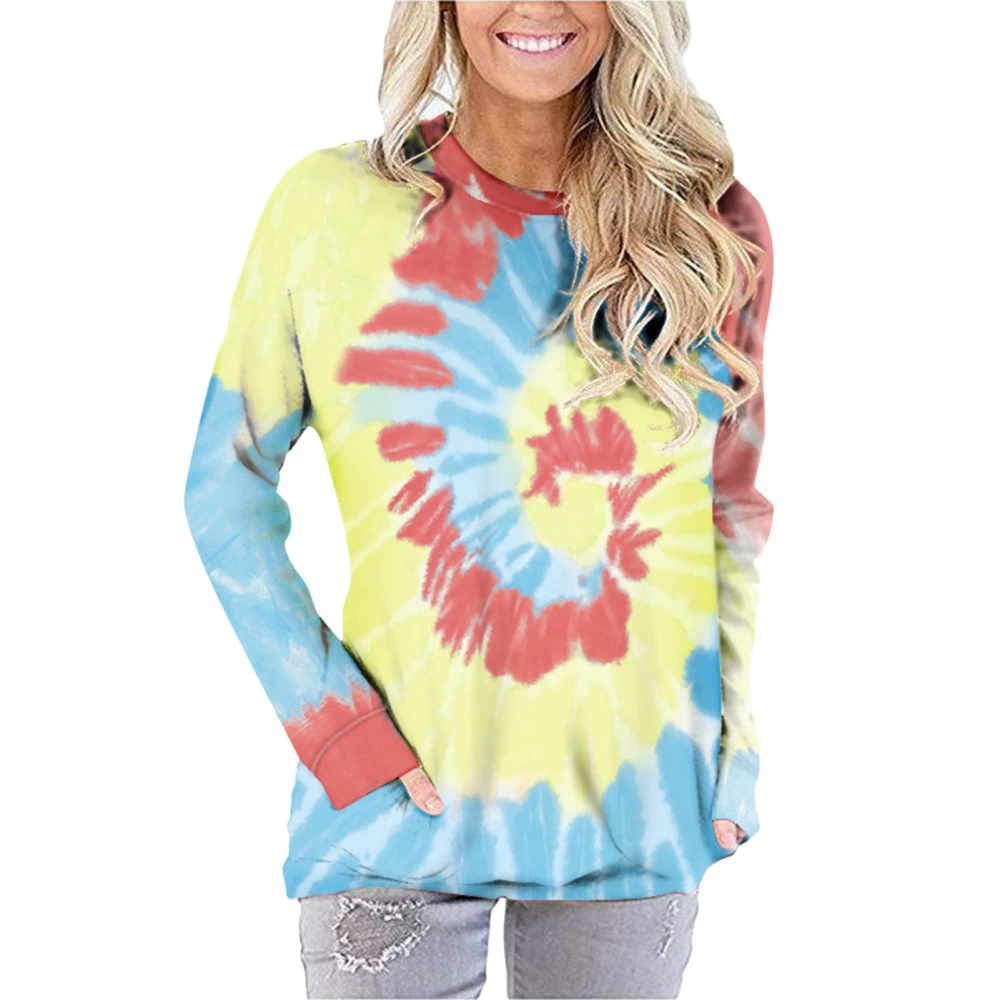 Pocket Sweatshirt Tie Dye Print Crewneck Long Sleeves Female Blouses Sweatshirts Tops Red XL