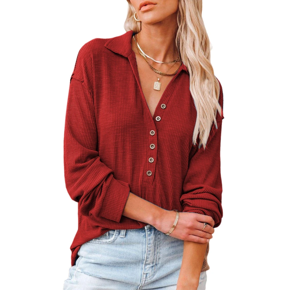 V Neck Knitted Shirt Women Fashionable Casual Long Sleeve Turn Down Collar Pullover Blouse Top Red S