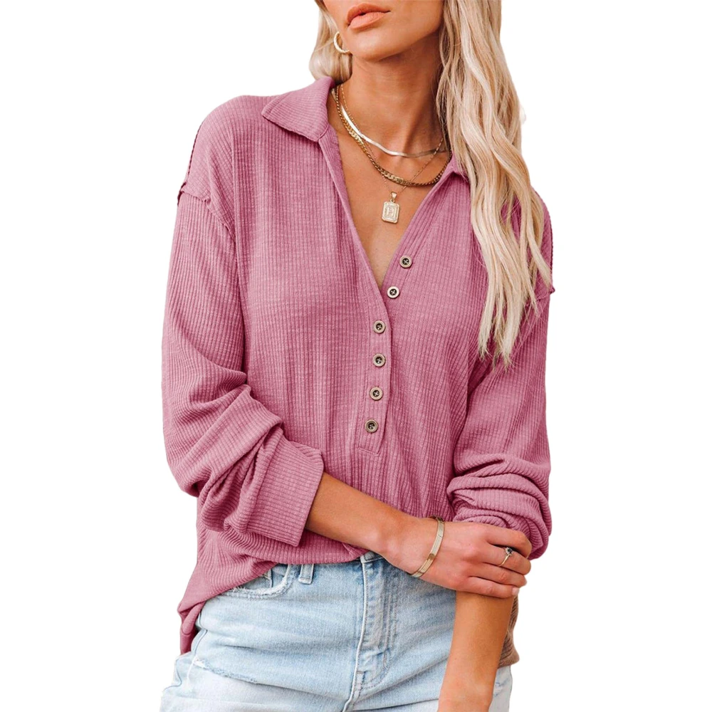 V Neck Knitted Shirt Women Fashionable Casual Long Sleeve Turn Down Collar Pullover Blouse Top Pink XL