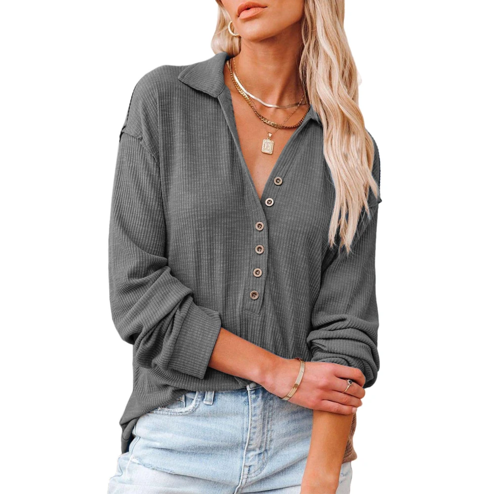 V Neck Knitted Shirt Women Fashionable Casual Long Sleeve Turn Down Collar Pullover Blouse Top Grey XL