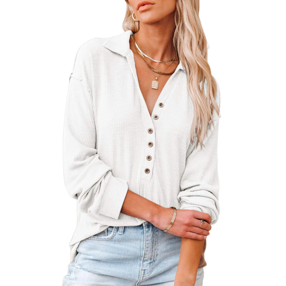 V Neck Knitted Shirt Women Fashionable Casual Long Sleeve Turn Down Collar Pullover Blouse Top White M