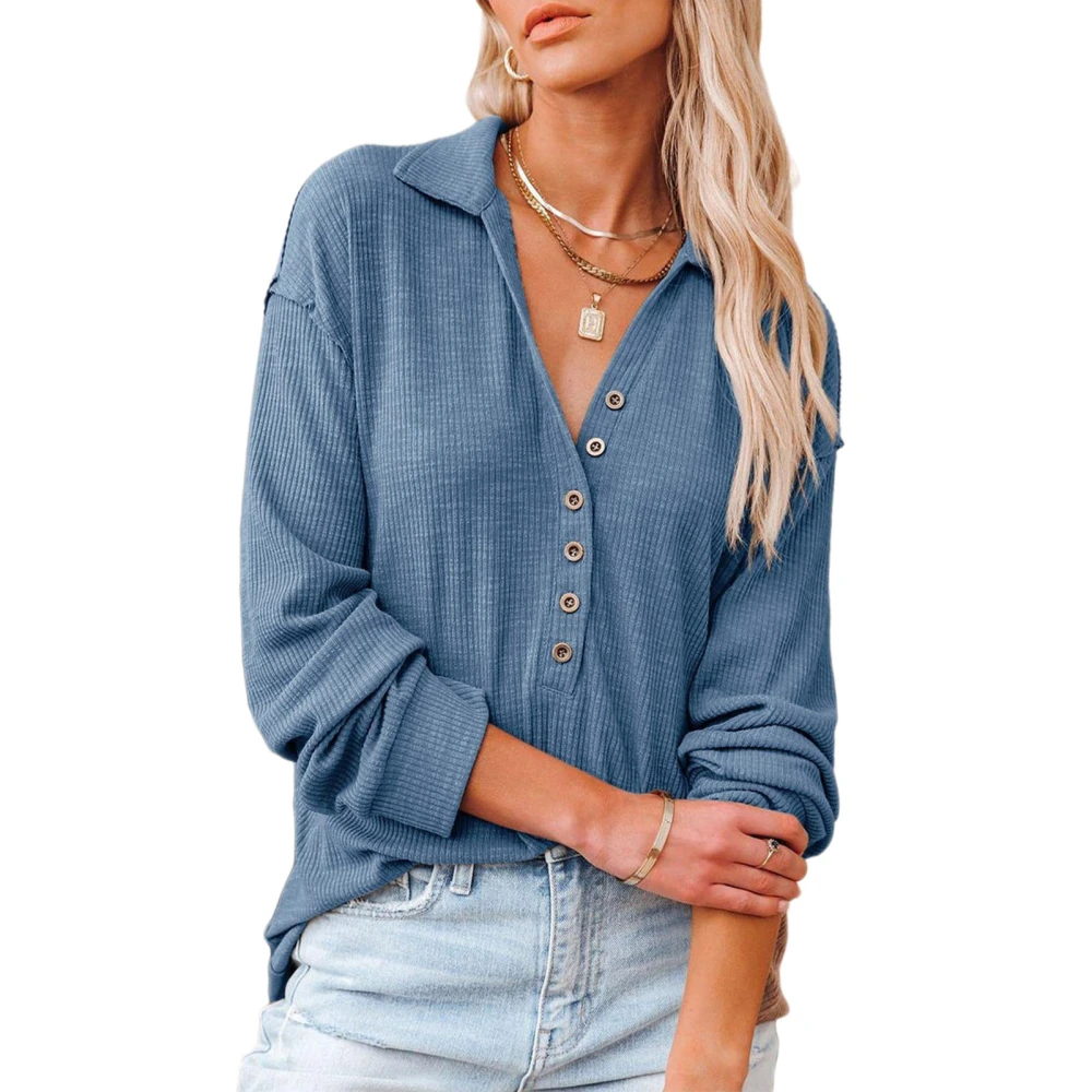 V Neck Knitted Shirt Women Fashionable Casual Long Sleeve Turn Down Collar Pullover Blouse Top Blue L