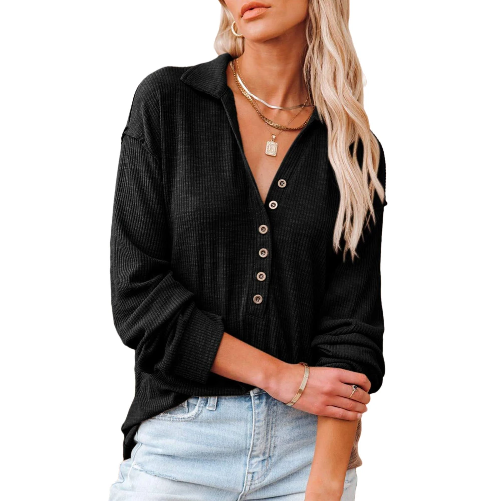 V Neck Knitted Shirt Women Fashionable Casual Long Sleeve Turn Down Collar Pullover Blouse Top Black L