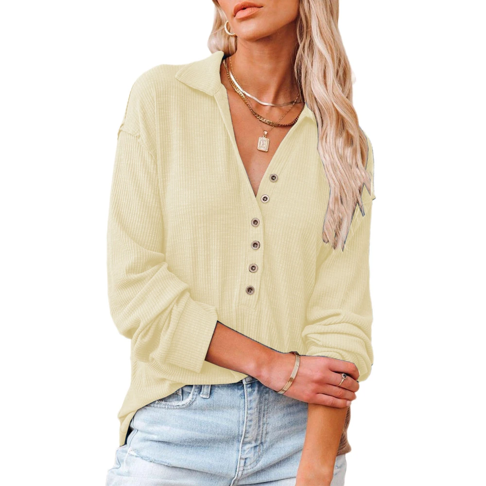 V Neck Knitted Shirt Women Fashionable Casual Long Sleeve Turn Down Collar Pullover Blouse Top Apricot M