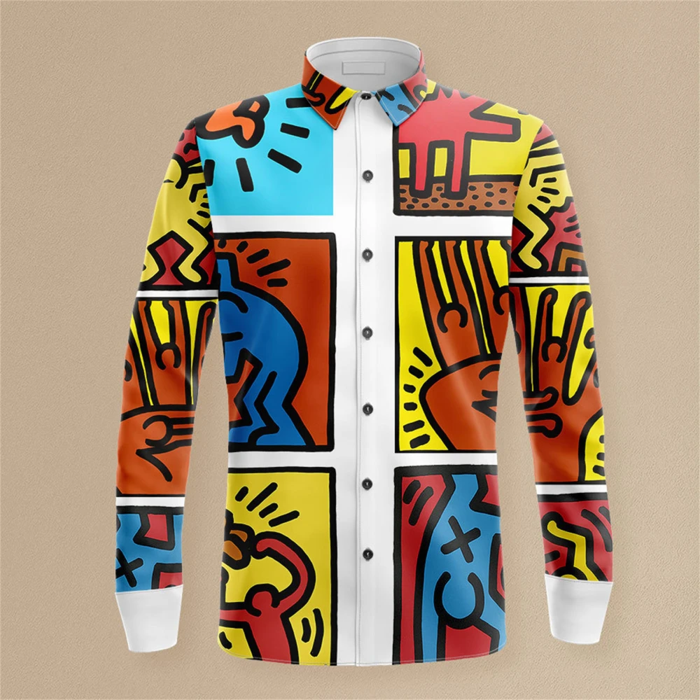 Shirt Long Sleeve Art Painting Casual Colorful Patterns Collared Button Closure Top for Men Women S