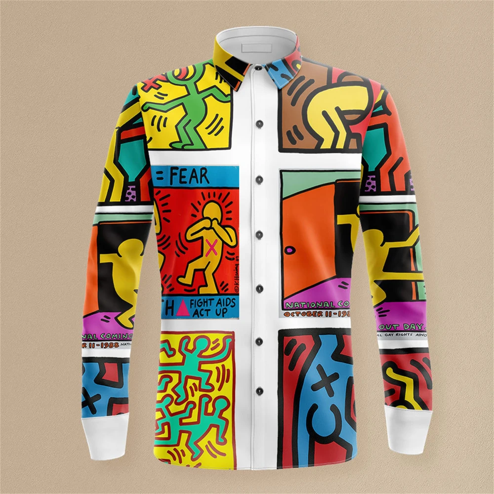 Colorful Graffiti Print Shirt Polyester Long Sleeve Unisex Button Down Collared Shirt for Party S