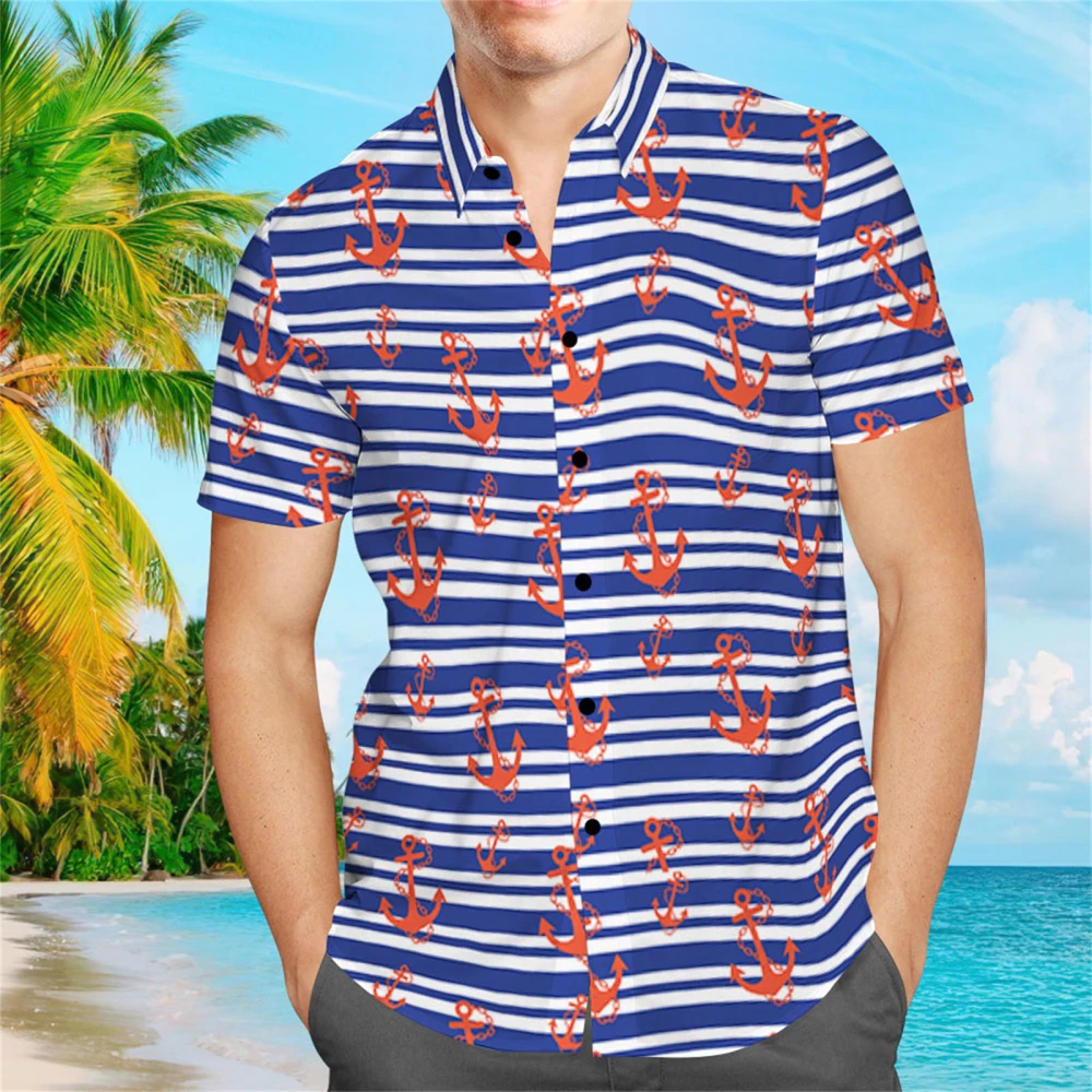 Shirt Short Sleeve Stripe Floral Print Summer Holiday Fashionable Blouse for Men XXXL