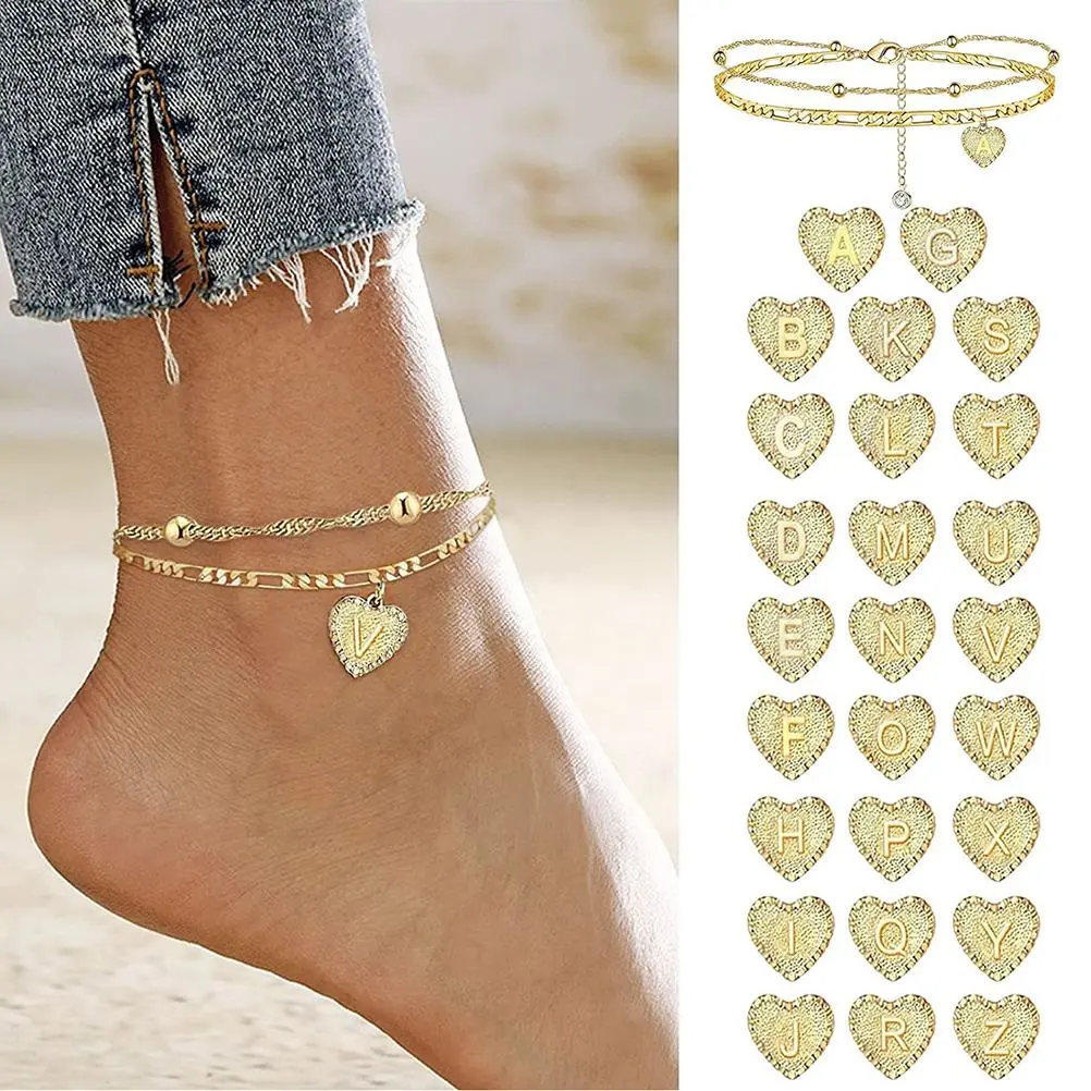 Beach Anklet for Women 26 Letters Heart Initial Anklet Handmade Dainty Layered Letter Initial Heart Anklet Beach Jewellery Gifts