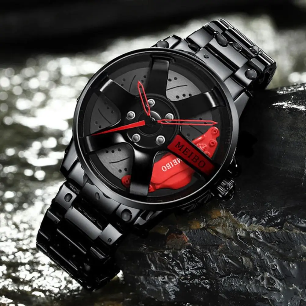 Men s Sports Watch Waterproof Car Wheel Watches 3D Hollow Wheel Design Stainless Steel Watch