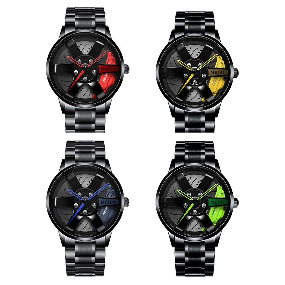 Men s Sports Watch Waterproof Car Wheel Watches 3D Hollow Wheel Design Stainless Steel Watch