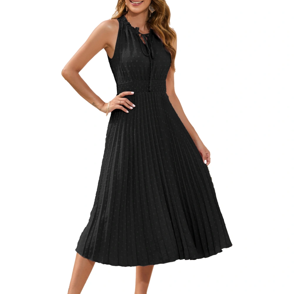 Sleeveless Dress Round Neck Tie Pleated Loose Casual Pure Color Fashionable Dress for Party Holidays Weddings Black XL