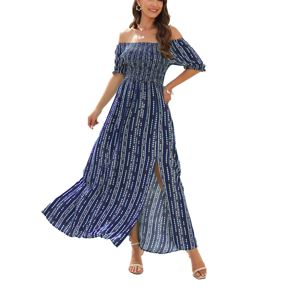 Women Off Shoulder Maxi Dress Shirred Waist Floral Print Striped Puff Sleeve Split A Line Long Dress Blue XL