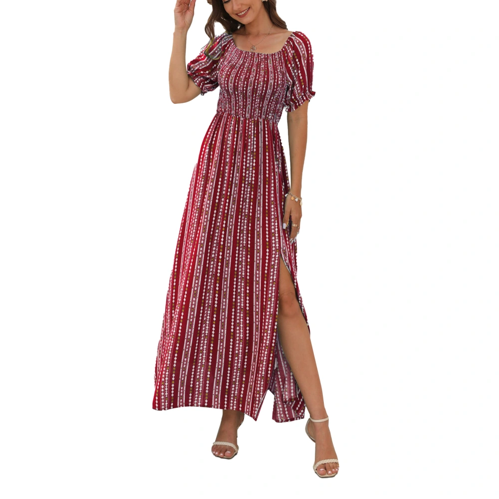 Women Off Shoulder Maxi Dress Shirred Waist Floral Print Striped Puff Sleeve Split A Line Long Dress Red XL