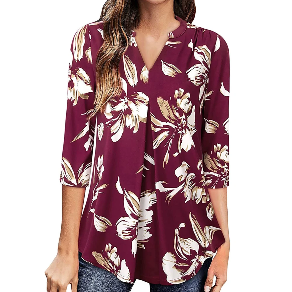 Women 3/4 Sleeve V Neck Tops Fashionable Printed Breathable Casual Blouses Loose for Parties Daily Wear Wine Red M