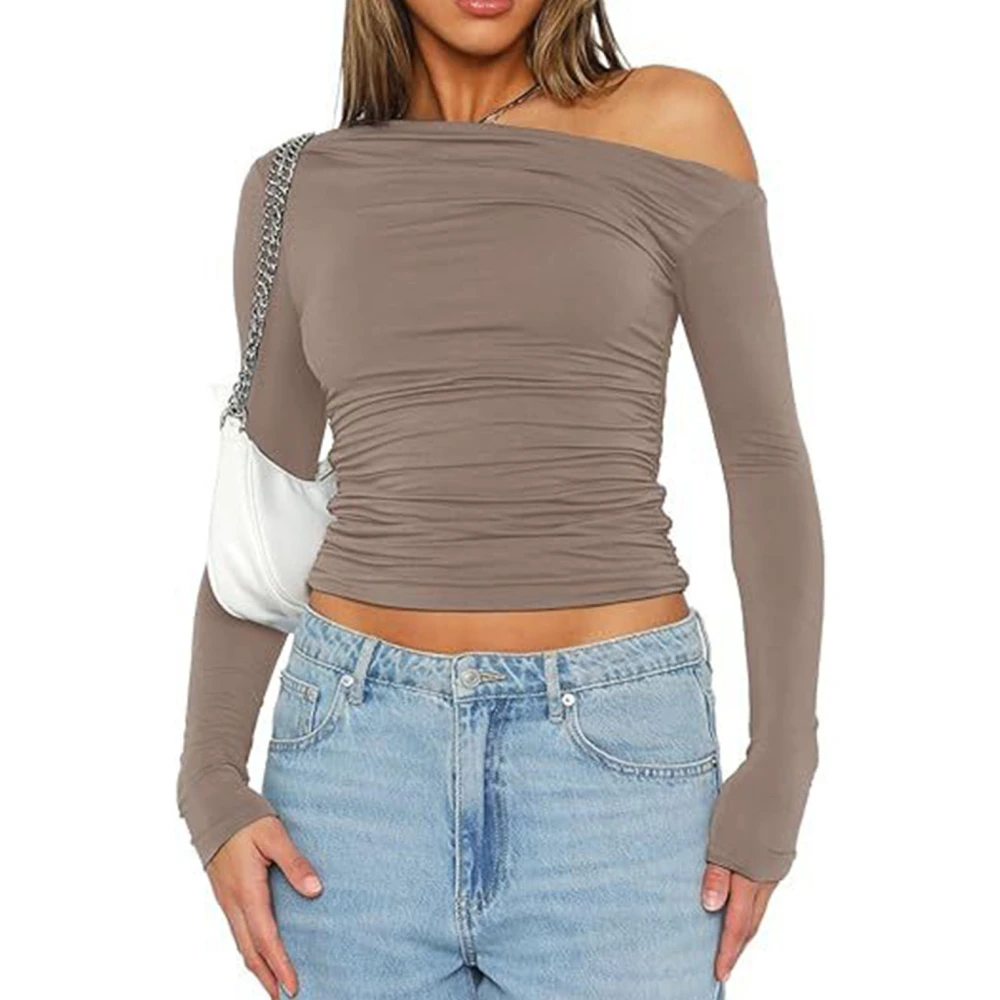 Women One Shoulder Long Sleeve Cropped Top Ruched Pure Color Asymmetric Slim Fit T Shirt Light Tan S