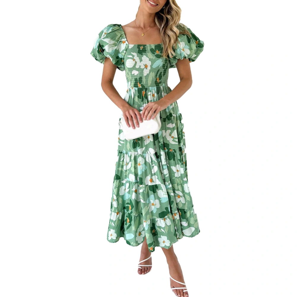 Women Off Shoulder Maxi Dress Puff Short Sleeve Elegant Flowy Ruffle Hem Floral Print Midi Long Dress Green with White Floral S