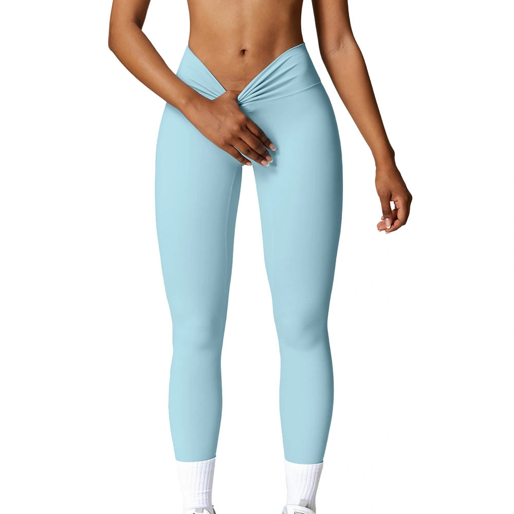 High Waisted Leggings for Women Butt Lifting Yoga Pants Solid Quick Dry Elastic Workout Gym Long Pants Sky Blue L