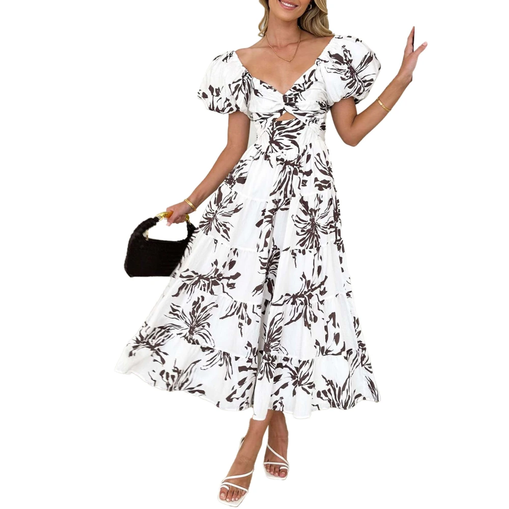 Women Printed Short Bubble Sleeve Dress Crossing V Neck Off Shoulder Long Dress for Daily Wear Black White Print S