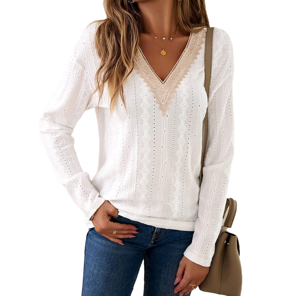 Women Long Sleeve Shirt V Neck Lace Patchwork Skin Friendly Breathable Comfortable Long Sleeve Shirt Top for Home White M