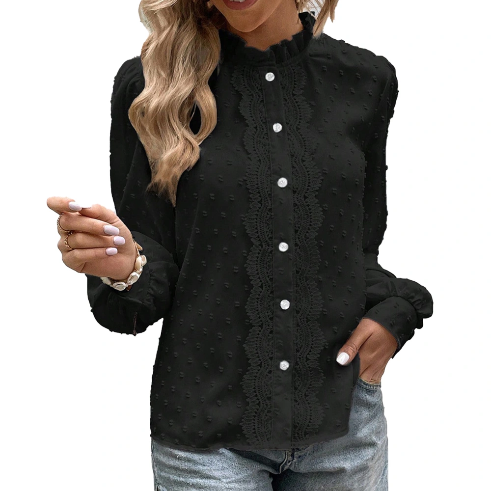 Women Long Bubble Sleeve Blouse Elegant Ruffle Collared Neck Jacquard Shirts Tops With Dot for Daily Work Black M