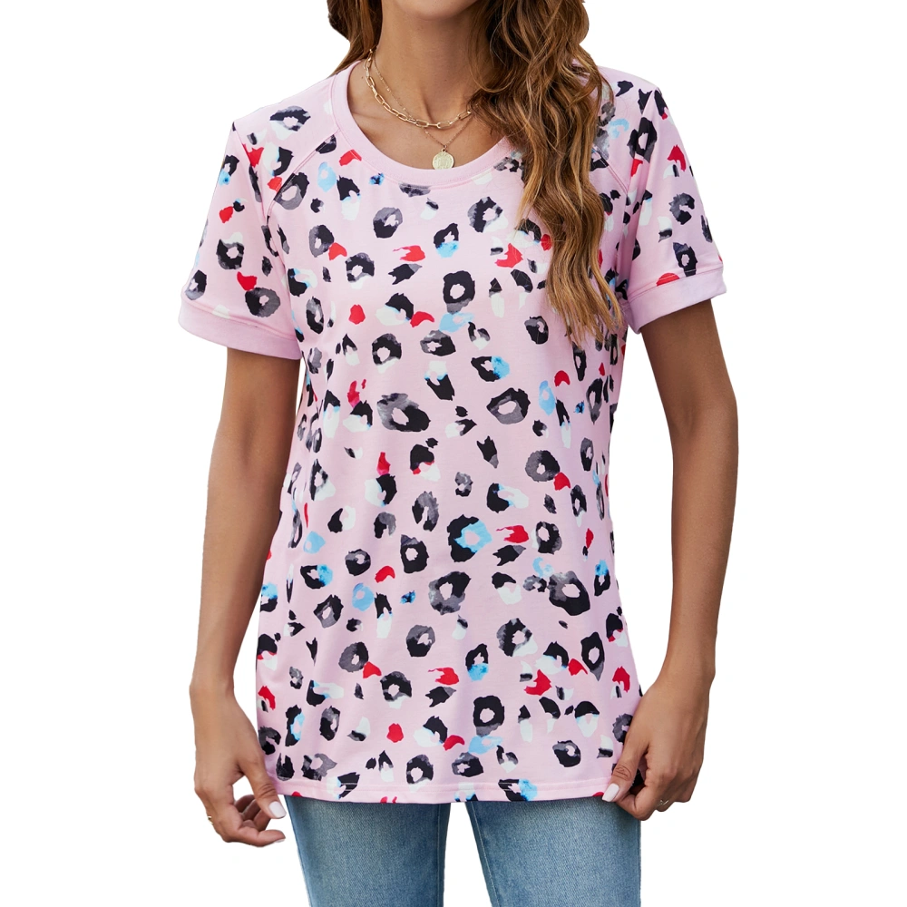 Women Short Sleeve Leopard Print T Shirt Casual Loose Fit Crewneck Summer Pullover Tee Shirt Pink XL