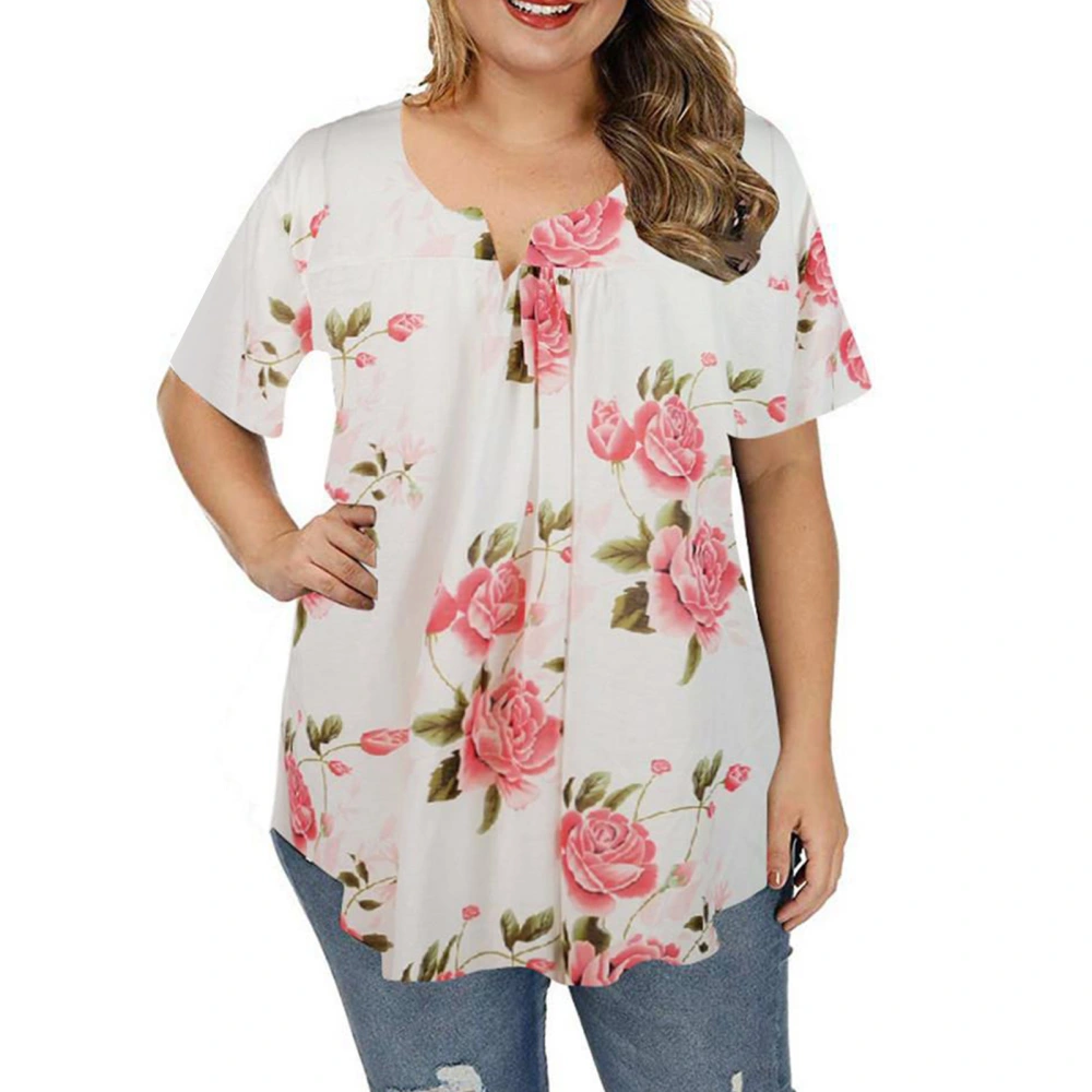 Women V Neck T Shirt Floral Printing Button Trim Short Sleeves Casual Loose Blouses for Daily Wear White 3XL