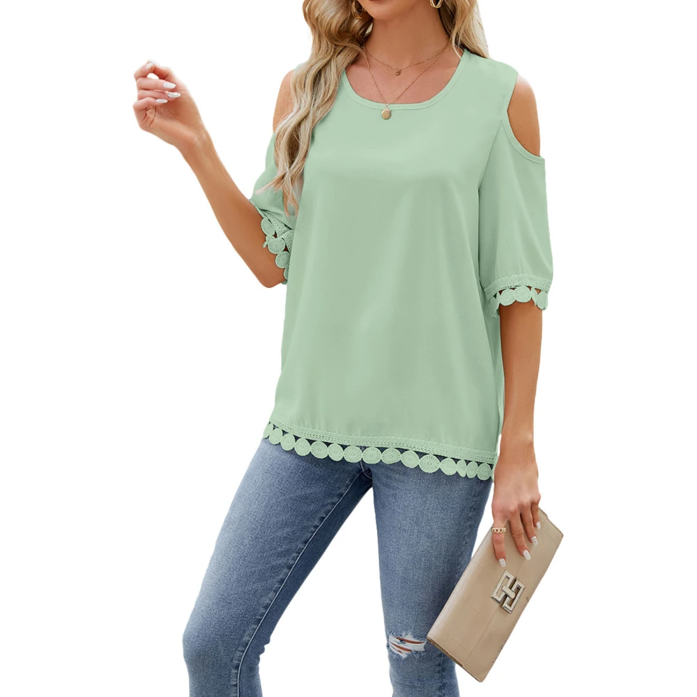 Cold Shoulder Short Sleeve Blouse Lace Trim Casual Fitted Round Neck Stitching Guipure Cold Shoulder Blouse for Women Bean Green S