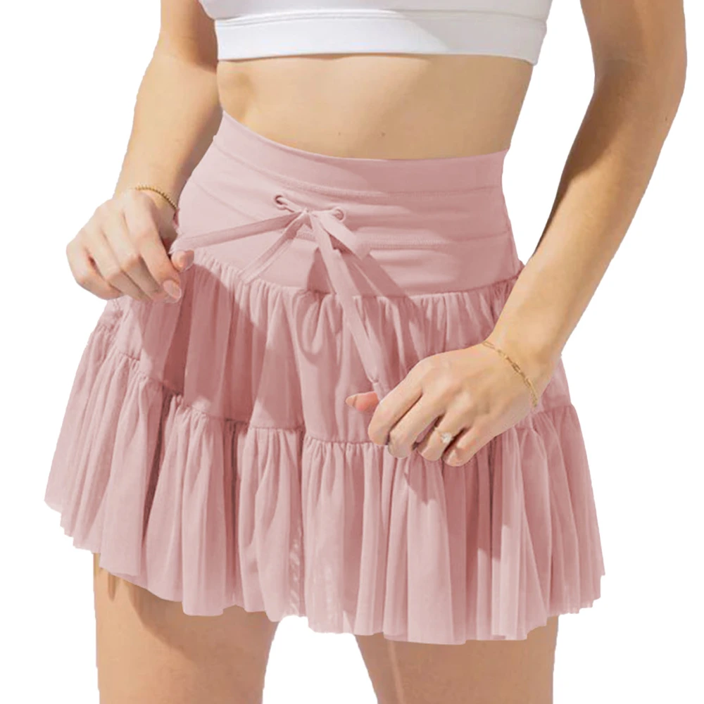 Women Mesh Overlay Pleated Short Skirt High Waist Drawstring Double Layer Mesh Ruffle Hem Stylish Pleated Skirt Dark Pink L