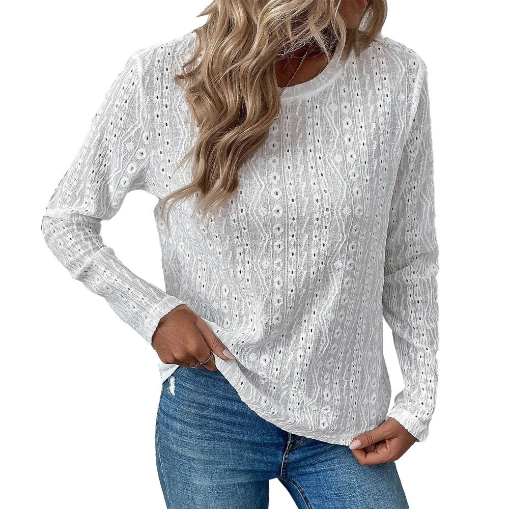 Women Hollow Out Lace Long Sleeve Tops Fashionable Casual Pure Color Breathable Women Crew Neck Long Sleeve Blouses White L