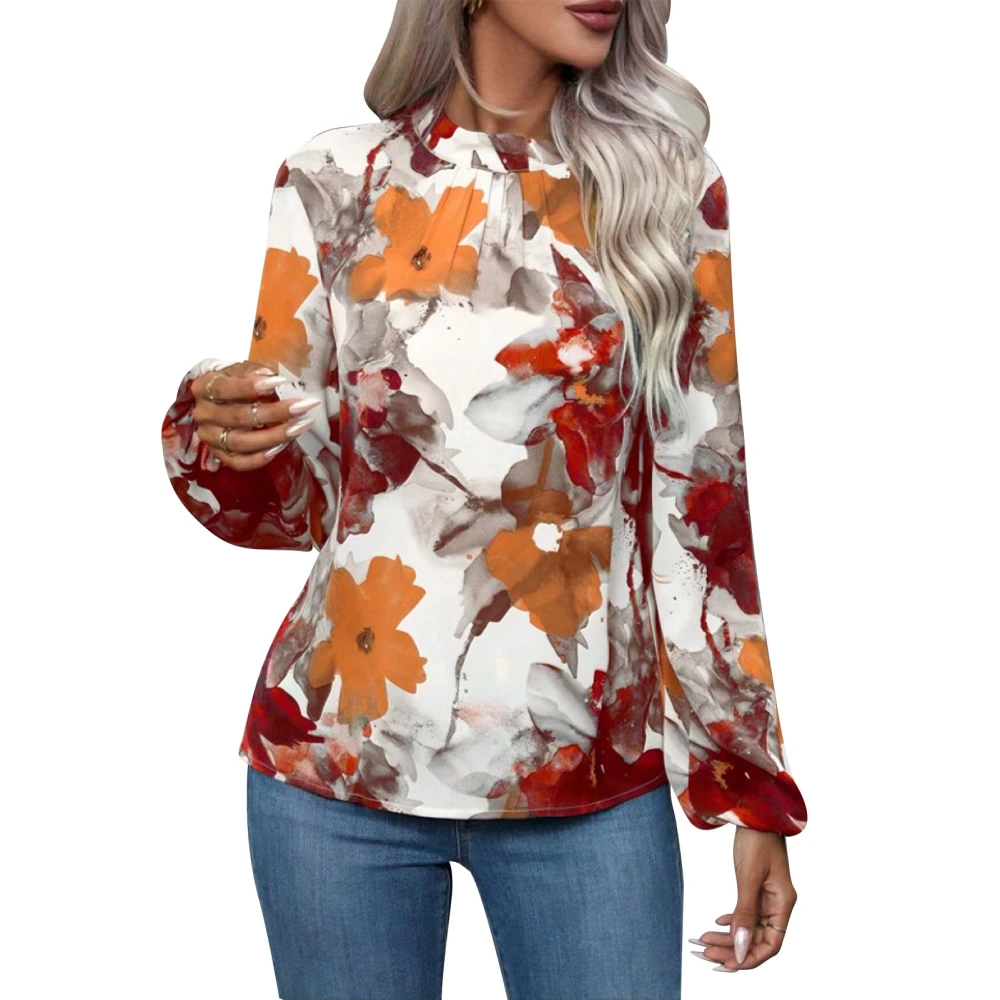 Women Fashion Print Blouse Pleated Neck Long Sleeve Blouse Keyhole Back Stylish Printed Top Red XXL