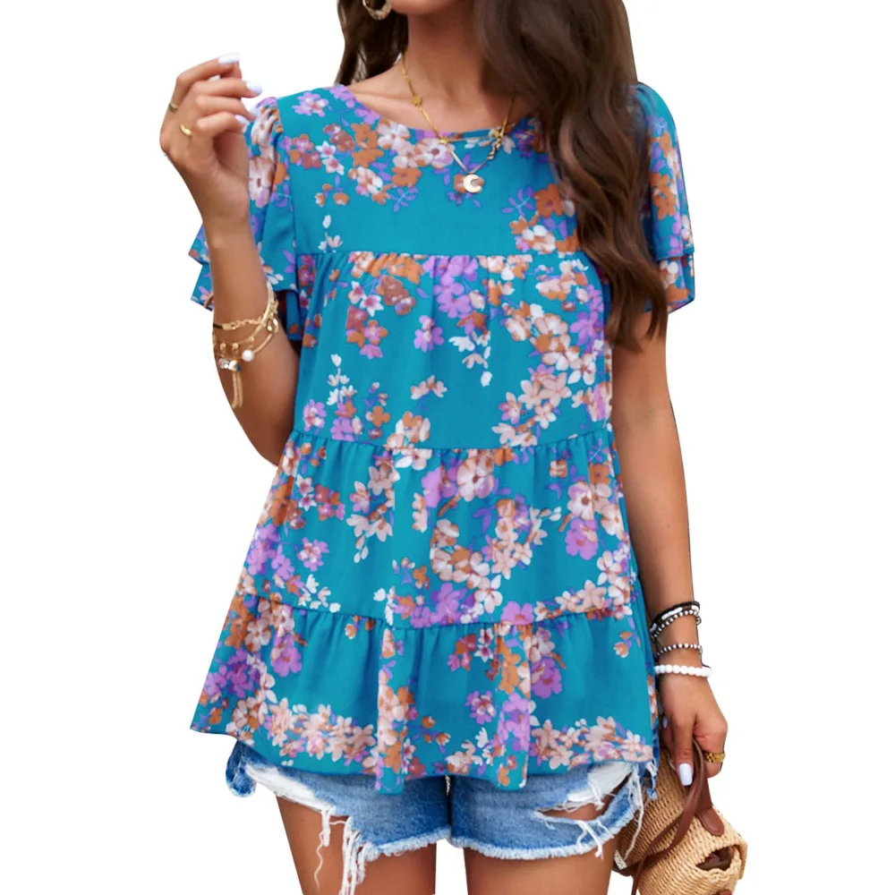 Women Floral Print T Shirt Casual Loose Fitting Round Neck Short Sleeve Top for Summer Wear Blue L