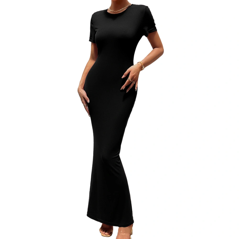 Women Short Sleeve Bodycon Maxi Dress Crew Neck Fishtail Hem Casual Slim Fit Midi Dress Black L