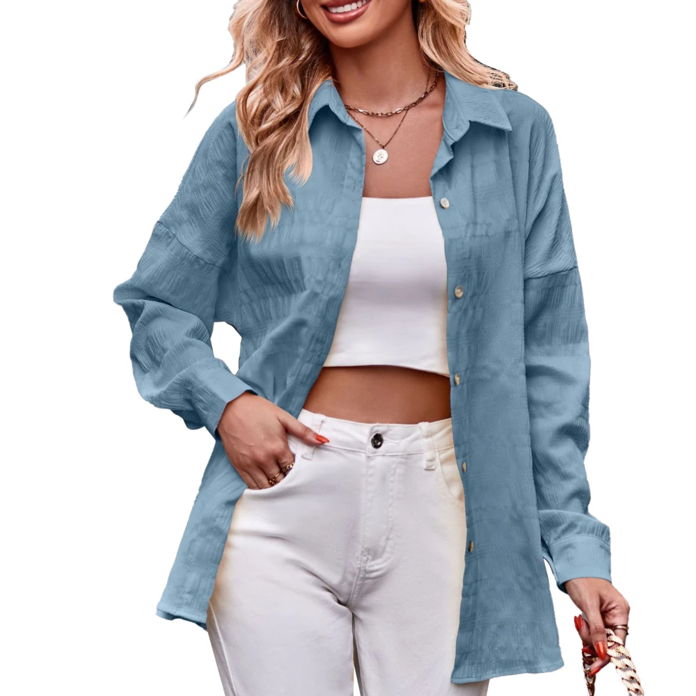 Women Long Sleeve Button Up Shirt Bubble Texture Pure Color Turn Down Collar Casual Fall Button Up Blouse Mist Blue XXL