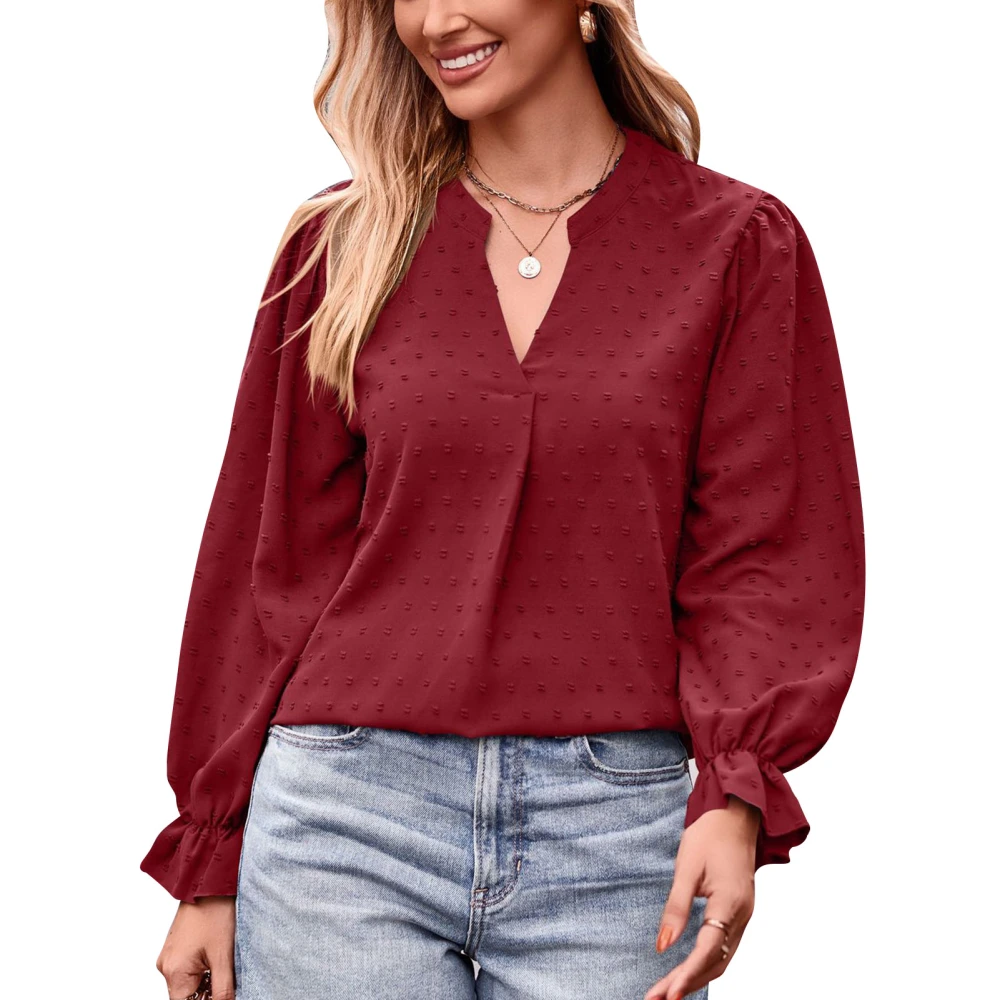 Women Jacquard Top Closing Lantern Long Sleeve V Neck Loose Fashion Casual T Shirt Blouse Jujube Red S