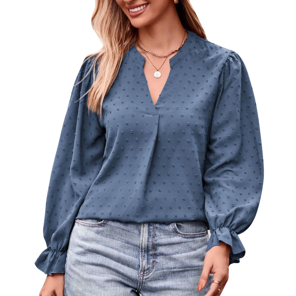 Women Jacquard Top Closing Lantern Long Sleeve V Neck Loose Fashion Casual T Shirt Blouse Haze Blue M