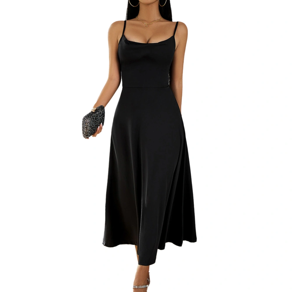 Women Spaghetti Strap Dress Cowl Neck Back Tie Strap A Line Hem Summer Long Dress for Party Black XL